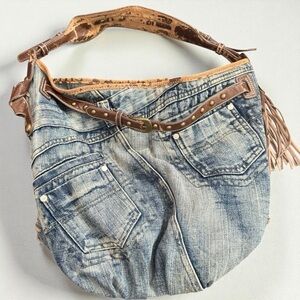 Y2K Denim Boho Shoulder Bag – Upcycled Jean Purse w/ Studded Leather Strap